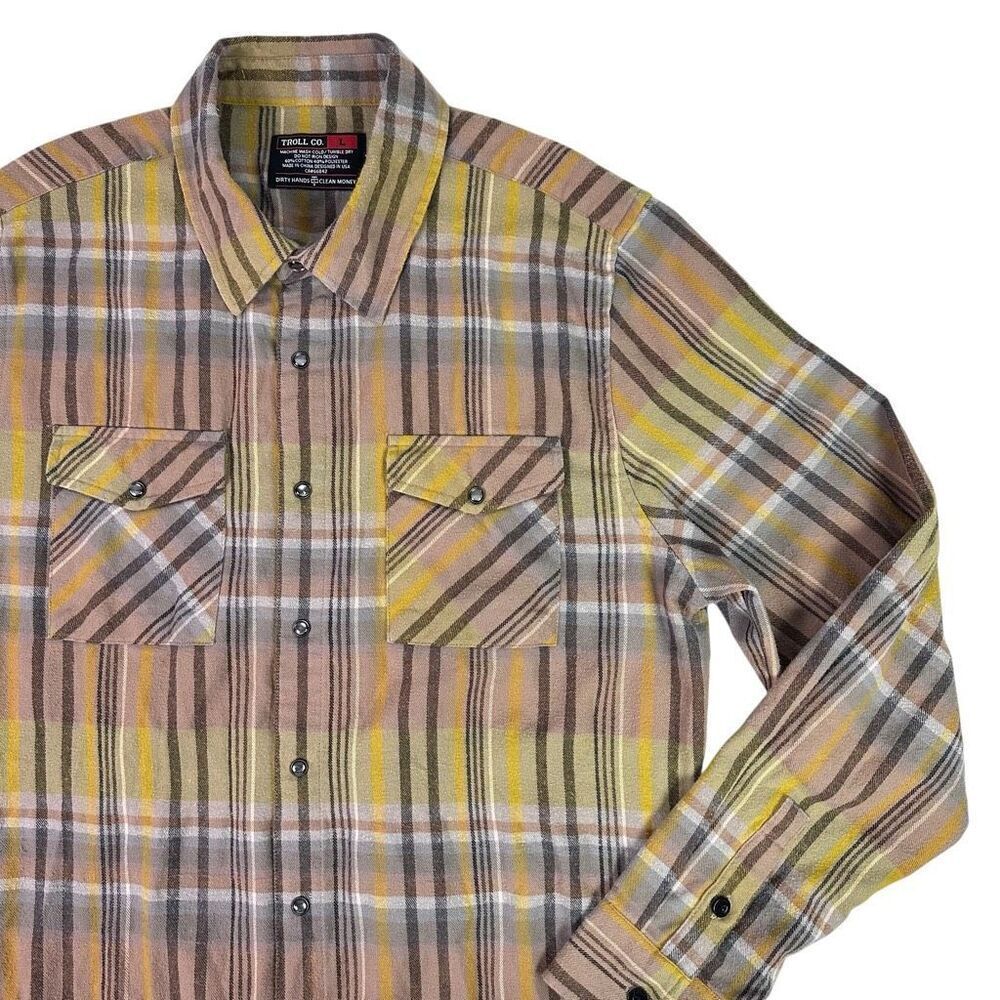 Troll Co. Clothing Flannel Shirt Men's Large Plaid Pearl Snap Pocket Shirt